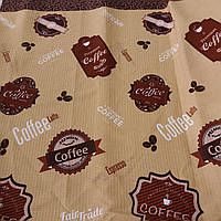 Вафельна тканина з ярликами кави та написами, ширина 76 см