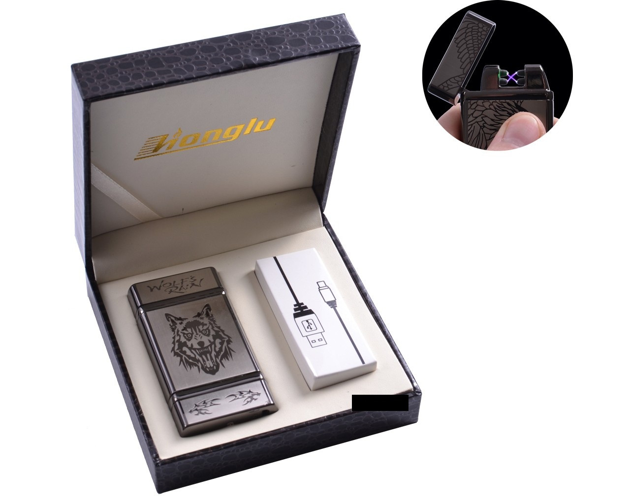 Електроімпульсна USB - запальничка в подарунковій шкіряного коробці "Wolf"