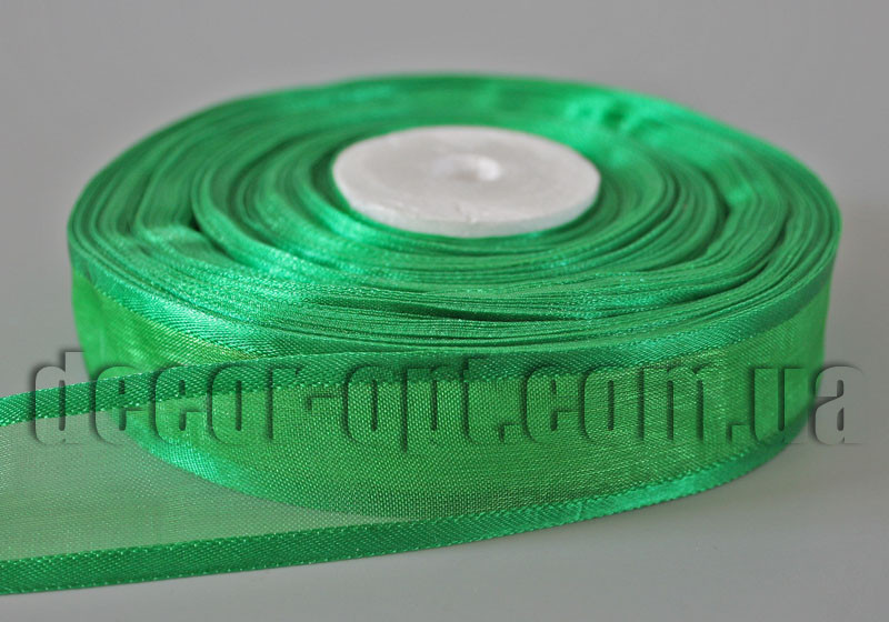 Стрічка органза зелений відтінок з атласної окантовкою 2,5 см 50ярд