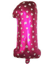 Цифра куля на 1 рікик фольгована рожева із сердечками, 70х34 см.  