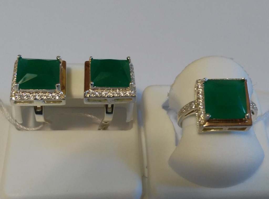 Комплект из серебра и золота с зеленым камнем Квадро - фото 1 - id-p541749187
