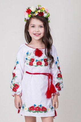 Детское вышитое платье Марыся с маками и васильками габардин,с поясом,длинный рукав, на 3,4,5,6,7,8,9,10-15лет - фото 1 - id-p541999953
