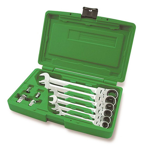 Набір ключів комбінованих з тріскачкою і шарніром 8-19мм + перехідники Toptul GAAI1003 (Тайвань), фото 1