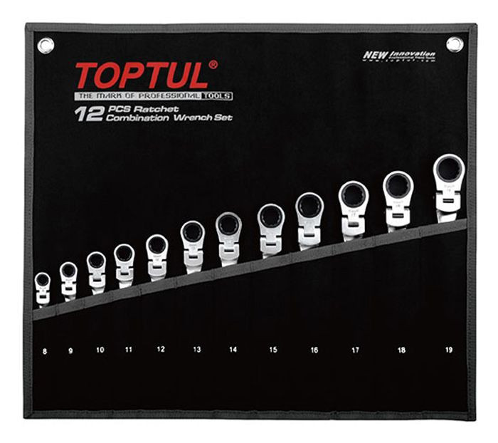 Набір ключів комбінованих з тріскачкою і шарніром 8-19мм в сумці 12ед. Toptul GPAQ1204 (Тайвань), фото 1