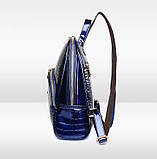Рюкзак жіночий шкіряний лаковий під рептилію з кишенею (ультрамарин), фото 3