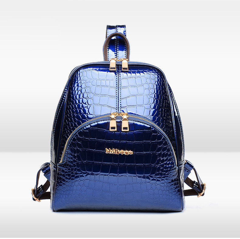 Рюкзак жіночий шкіряний лаковий під рептилію з кишенею (ультрамарин), фото 1