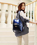 Рюкзак жіночий шкіряний лаковий під рептилію з кишенею (ультрамарин), фото 5