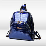 Рюкзак жіночий шкіряний лаковий під рептилію з кишенею (ультрамарин), фото 2