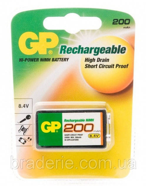 Акумулятор GP Rechargeable 6F22, Крона 200 mAh Ni-MH