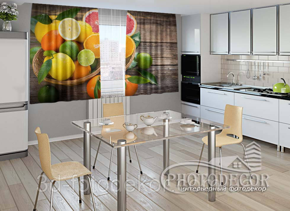 Фото Штори для кухні "Цитрусові фрукти" 1,5м*2,0м (2 полотна по 1,0м), тасьма, фото 1