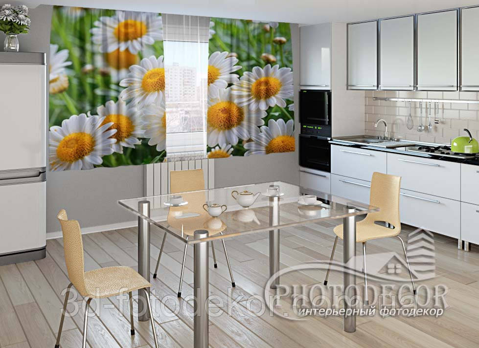 Фото Штори для кухні "Білі ромашки" 1,5м*2,0м (2 полотна по 1,0м), тасьма