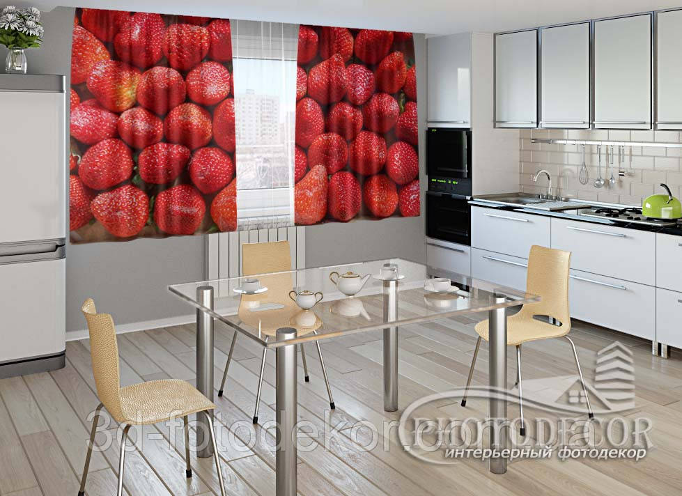 Фото Штори для кухні "Полуниця" 1,5м*2,0м (2 полотна по 1,0м), тасьма