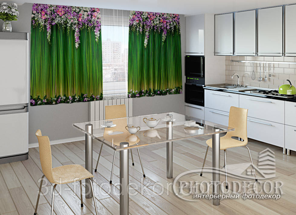 Фото Штори для кухні "Ламбрекени з квітів" 1,5м*2,0м (2 полотна по 1,0м), тасьма