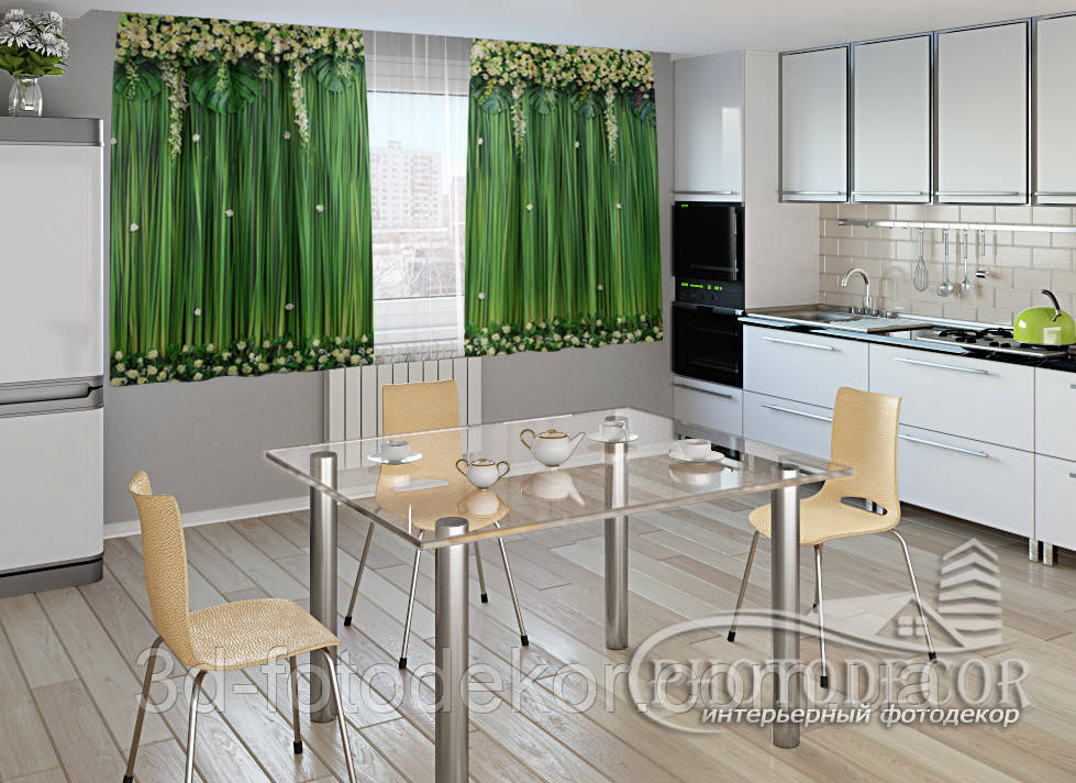 Фото Штори для кухні "Ламбрекени з квіток" 2,0м*2,9м (2 полотна по 1,45м), тасьма, фото 1