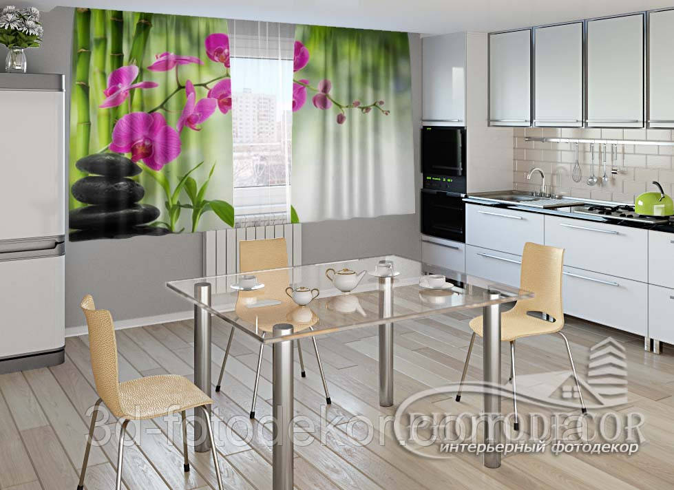 Фото Штори для кухні "Малинові орхідеї" 2,0м*2,9м (2 полотна по 1,45м), тасьма