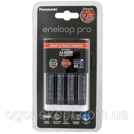 Зарядний пристрій — Panasonic Eneloop на 4 акумулятори + 4 акуми. HR6 2500 mAh, фото 1