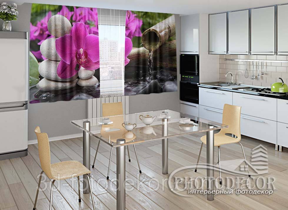 Фото Штори для кухні "Орхідея на каменях" 1,5м*2,0м (2 полотна по 1,0м), тасьма, фото 1