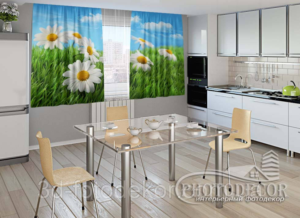 Фото Штори для кухні "Ромашки в травичці" 1,5м*2,0м (2 полотна по 1,0м), тасьма, фото 1