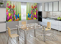 Фото Шторы для кухни "Тюльпаны и бабочки" 1,5м*2,0м (2 полотна по 1,0м), тесьма