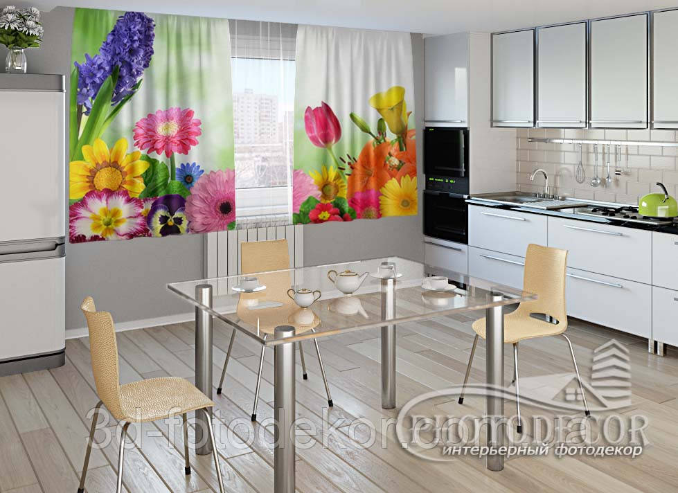 Фото Штори для кухні "Яскраві квіти" 2,0м*2,9м (2 полотна по 1,45м), тасьма, фото 1