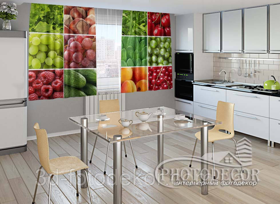 Фото Штори для кухні "Ягоди та горіхи" 2,0м*2,9м (2 полотна по 1,45м), тасьма, фото 1