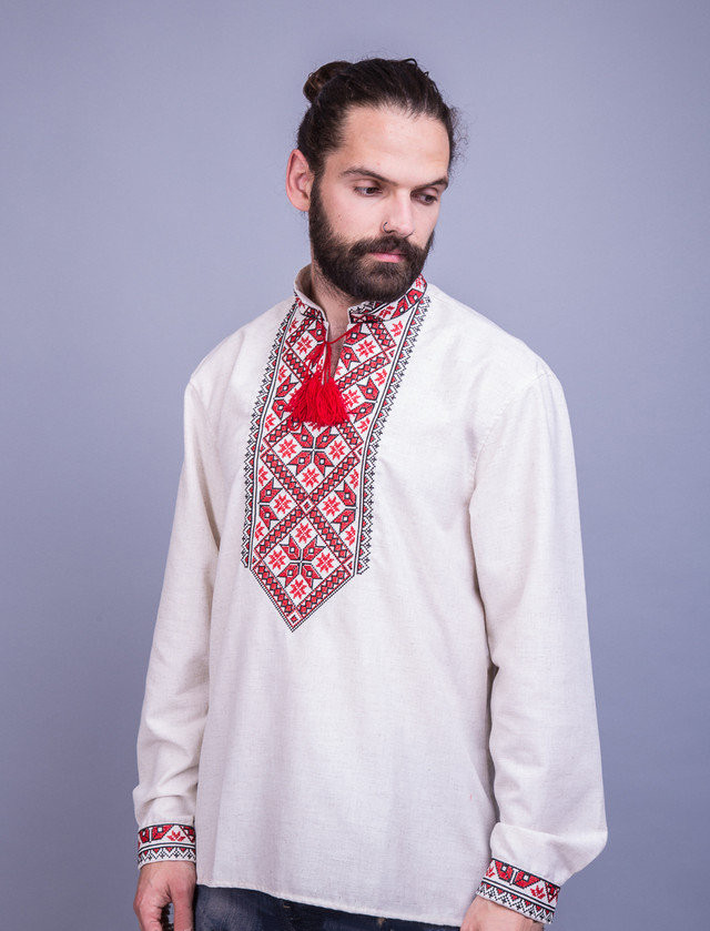 Чоловіча вишита сорочка Матвій на сірому льоні, фото 1