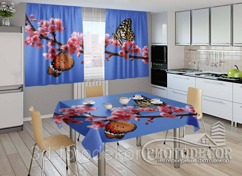 Фото комплект для кухни "Две бабочки" (шторы 1,5м*2,0м; скатерть 0,8м*1,0м) - фото 1 - id-p184056679
