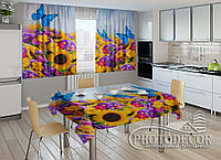 Фото комплект для кухни "Весенние цветы и бабочки" (шторы 1,5м*2,0м; скатерть 0,8м*1,0м)