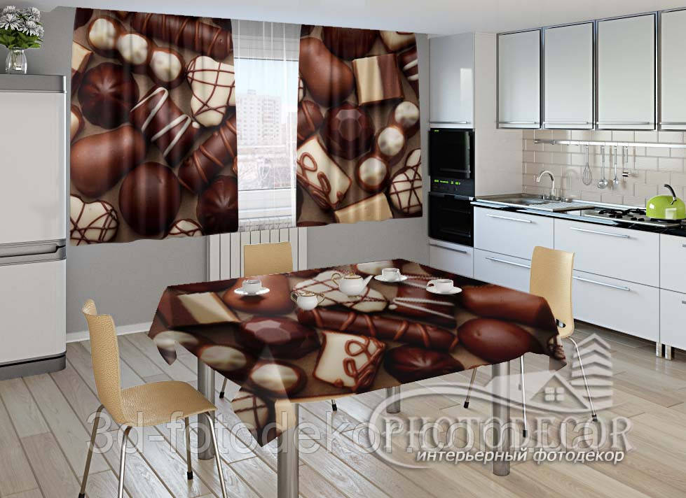 Фото комплект для кухні "Цукерки" (штори 2,0м*2,9м; скатертина 1,45м*1,7м), фото 1