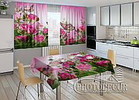 Фото комплект для кухні "Рожеві троянди і метелики" (штори 2,0м*2,9м; скатертина 1,45м*1,7м)