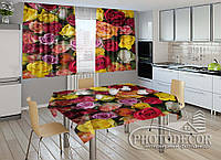 Фото комплект для кухни "Разноцветные розы" (шторы 1,5м*2,0м; скатерть 0,8м*1,0м)