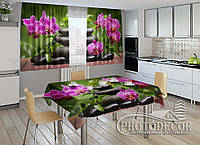 Фото комплект для кухни "Композиция из орхидей" (шторы 1,5м*2,0м; скатерть 0,8м*1,0м)