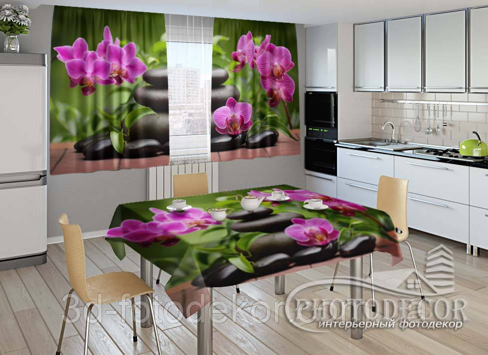 Фото комплект для кухні "Композиція з орхідей" (штори 2,0м*2,9м; скатертина 1,45м*1,7м)