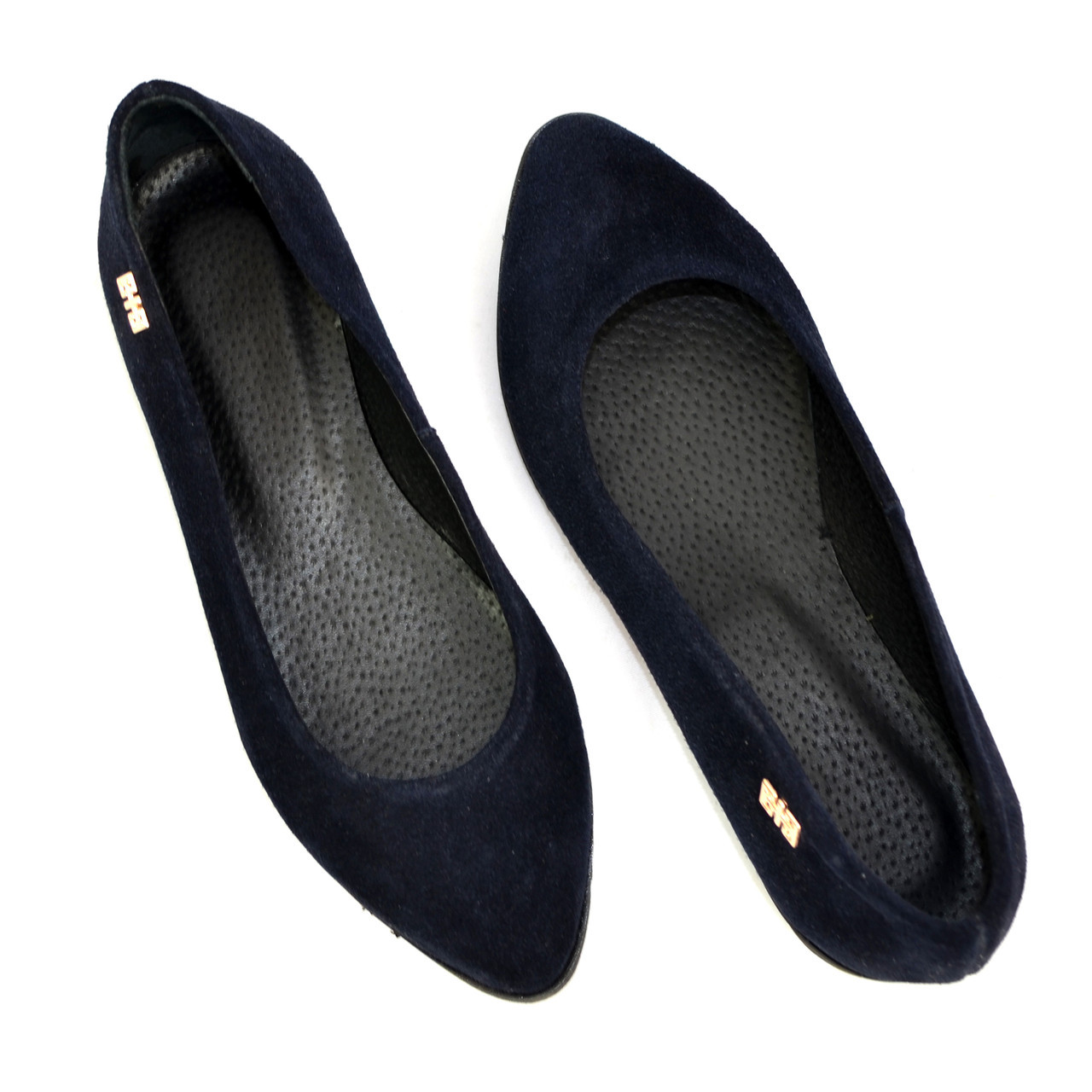 Женские синие замшевые туфли-балетки с заостренным носком - фото 5 - id-p542403034