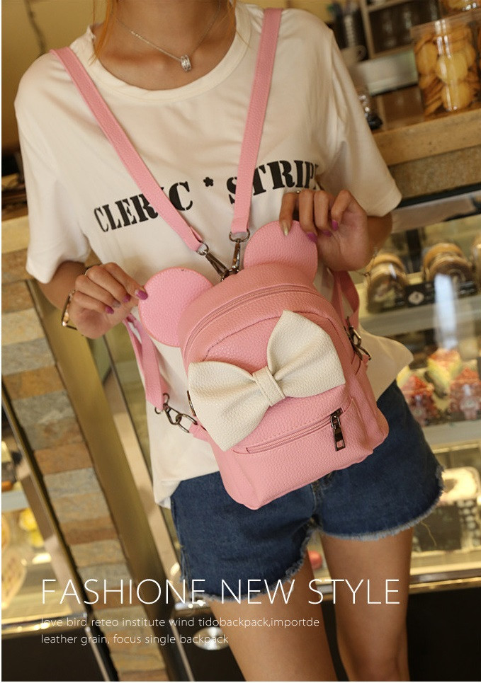 Розовый маленький рюкзак с белым бантом Микки Маус ( код: IBR083PO ) - фото 6 - id-p544388203