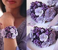 Фиолетовый браслет с цветами из полимерной глины "Лавандовый аромат"