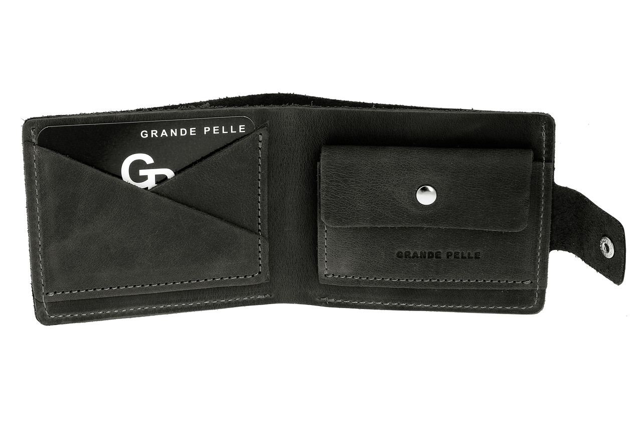 Чорний компактний гаманець портмоне для чоловіка з монетницею Grande Pelle на кнопці клатч з натуральної шкіри