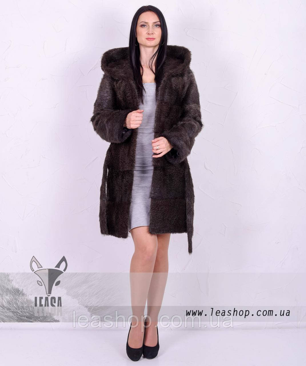Коричнева шуба-поперечка з нутрії