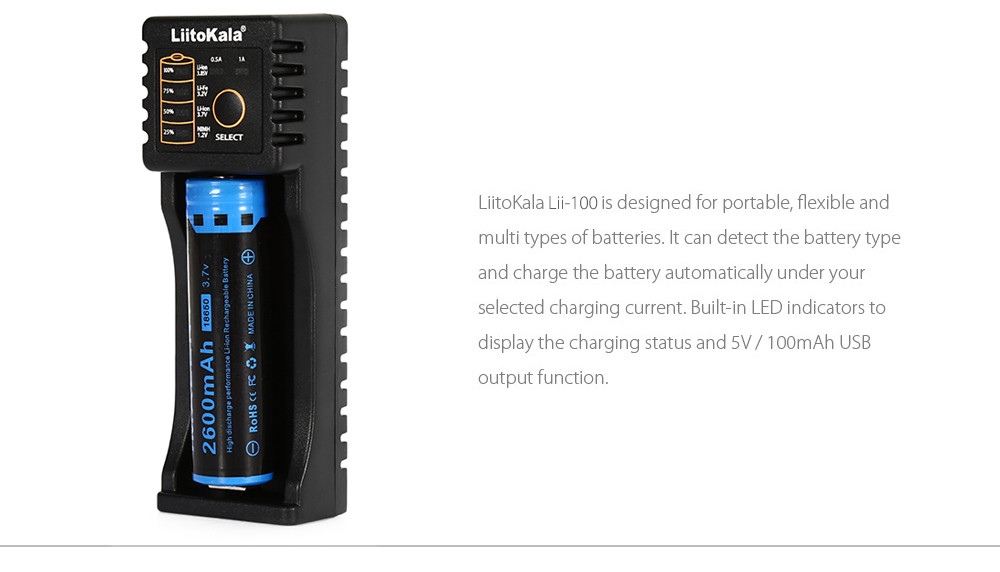 Универсальное зарядное устройство LiitoKala Lii 100 на 1 слот с функцией Power Bank - фото 5 - id-p546123232