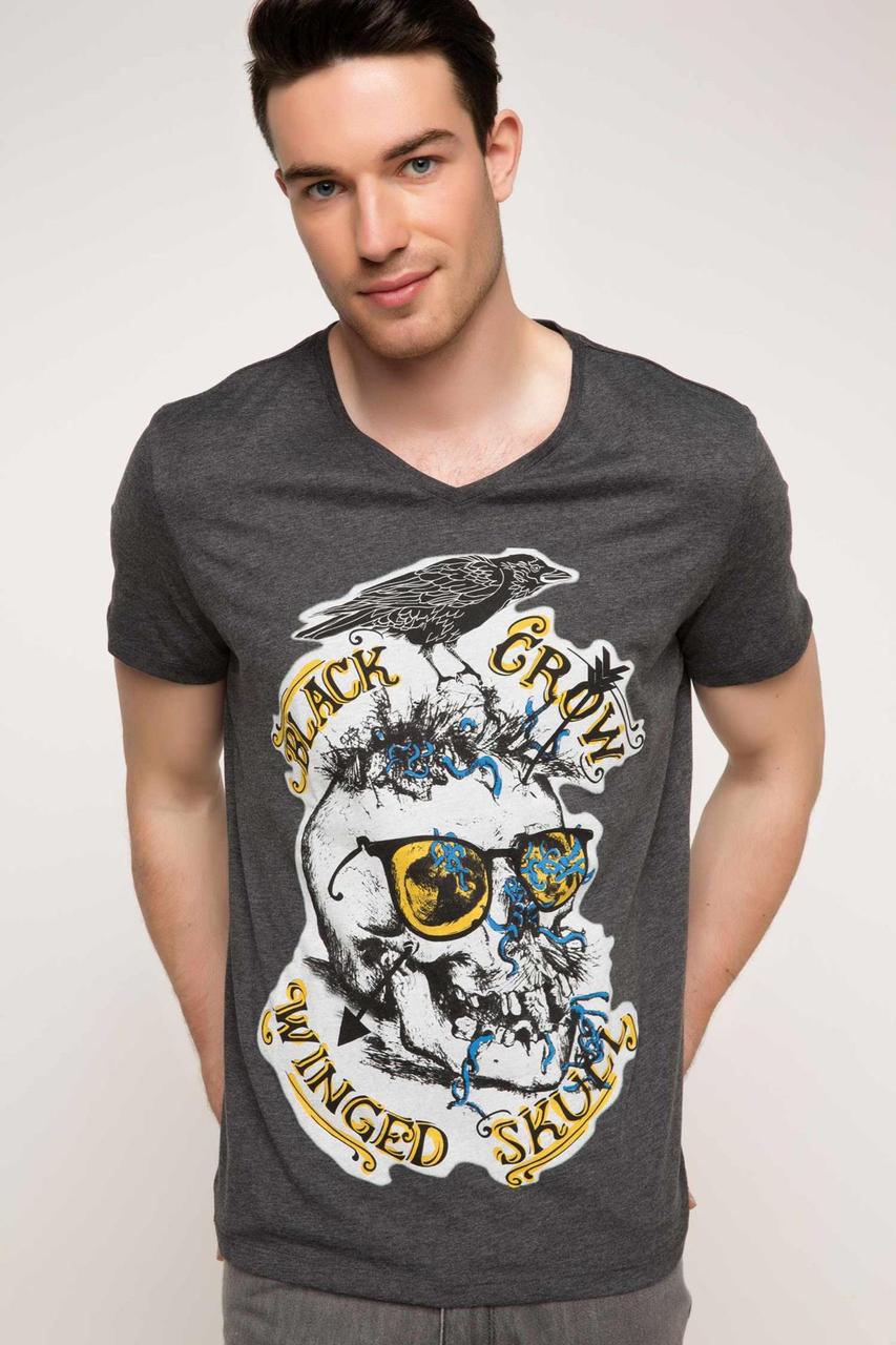 Чоловіча футболка De Facto сірого кольору з написом на грудях Black crow