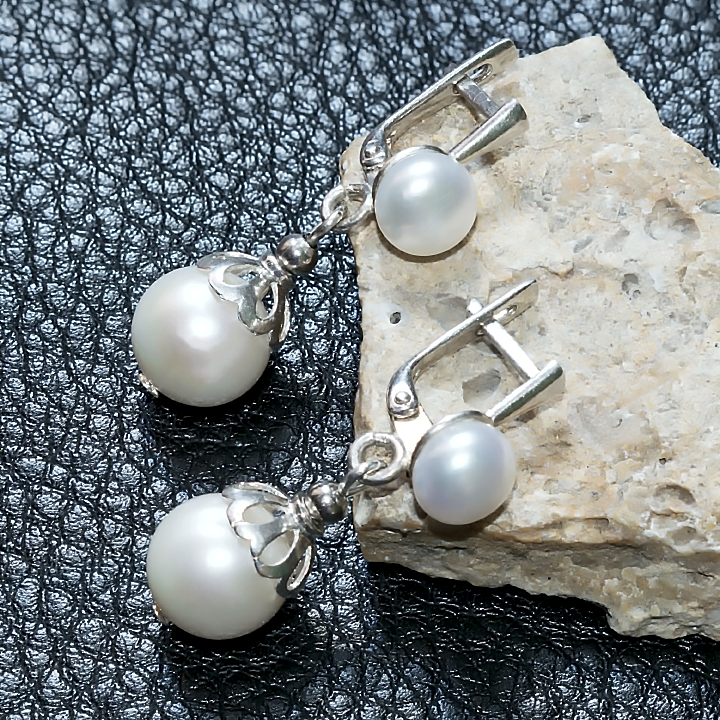 Перли білий, Ø10 та Ø8 мм., срібло, сережки, 197СРЖ, фото 1