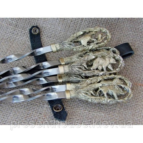Набір шампурів ручної роботи "На полюванні" в сагайдаку з натуральної шкіри, фото 1