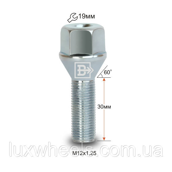 Болт колісний 0972120 Z M12X1,25X30 Цинк ВАЗ литий диск ключ 19 мм