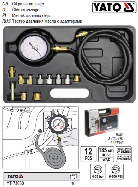 Тестер вимірювання тиску масла адаптери 0-35 Bar YT-73030