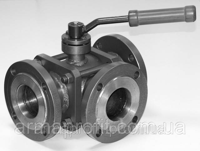 Кран кульовий сталевий трьохходовий фланцевий L/T-порт сталь 20 Ду15 Ру16-40, фото 1