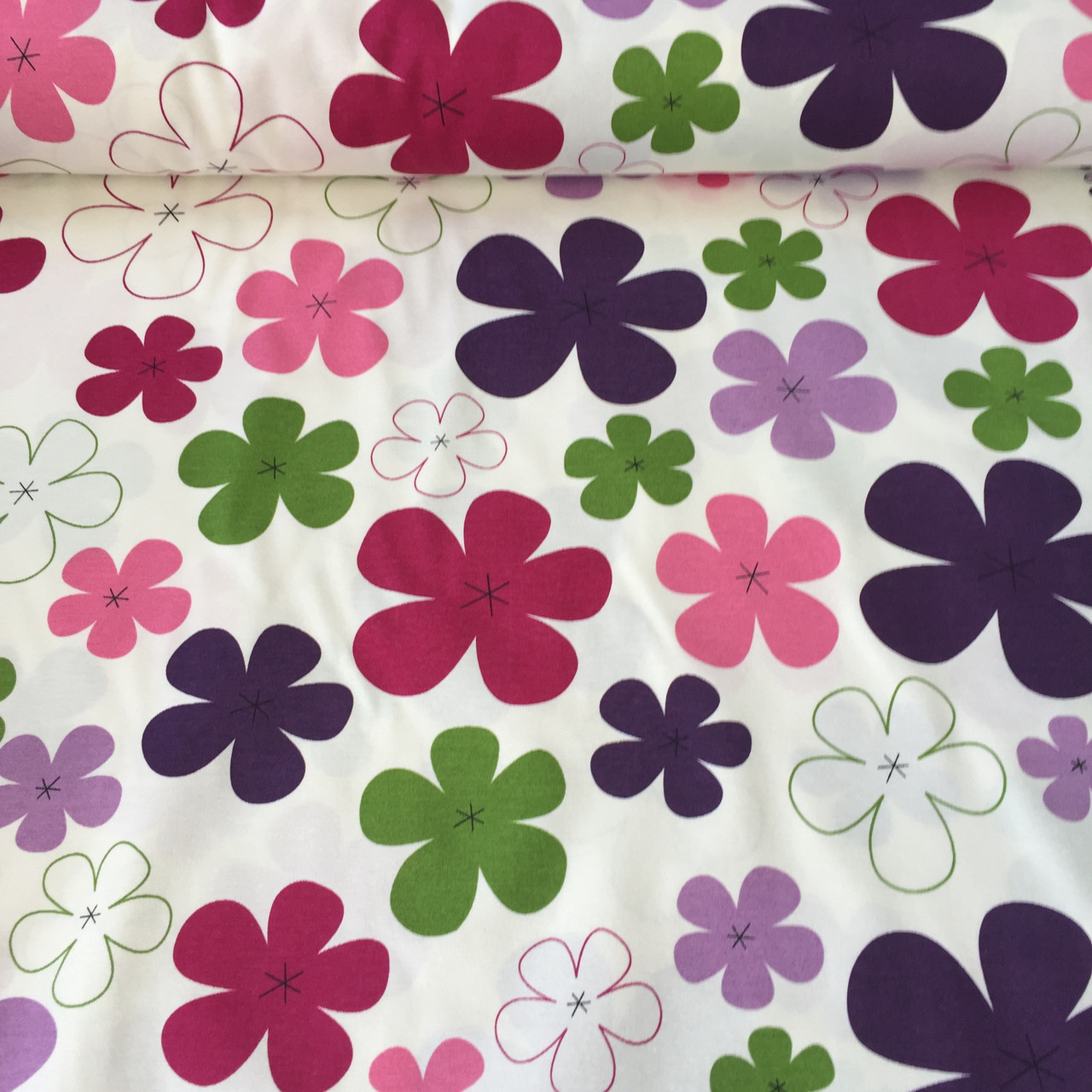 Тканина декоративна з тефлоновим просоченням із рожевими, бузковими та зеленими квітами