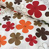 Тканина декоративна з тефлоновим просоченням з жовтогарячими, червоними та коричневими квітами, фото 2