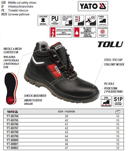 Черевики робочі шкіра YATO Польща TOLU захист S3 розмір 39 YT-80794