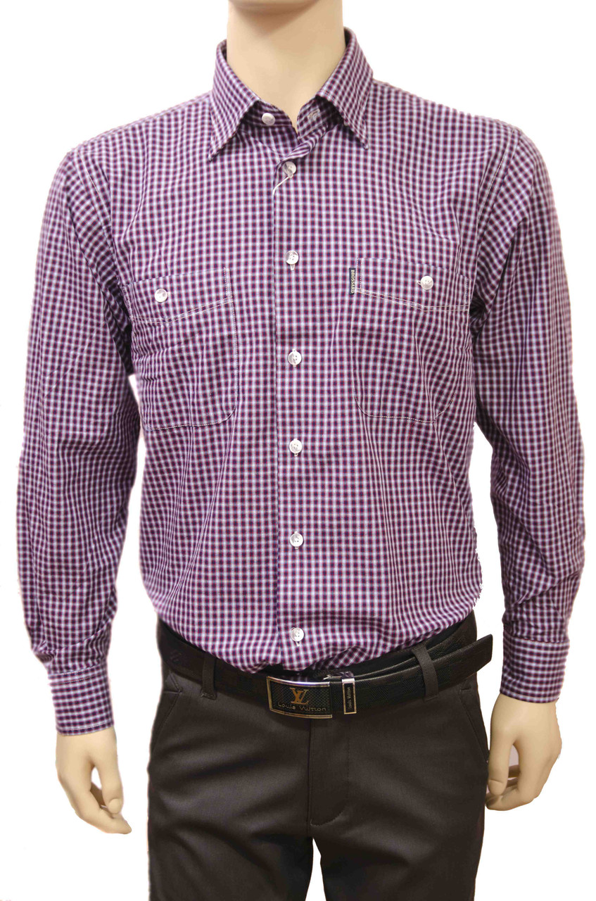 Сорочки + картаті чоловічі "Brossard". Бузкова карта. Довгий рукав, фото 1