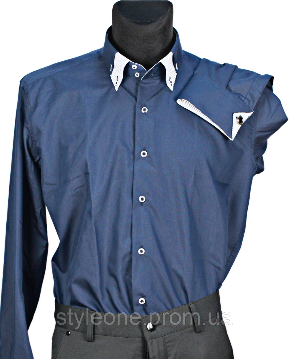 Сорочка чоловіча приталена "Pierre Martin". Синя (довгий рукав), фото 1